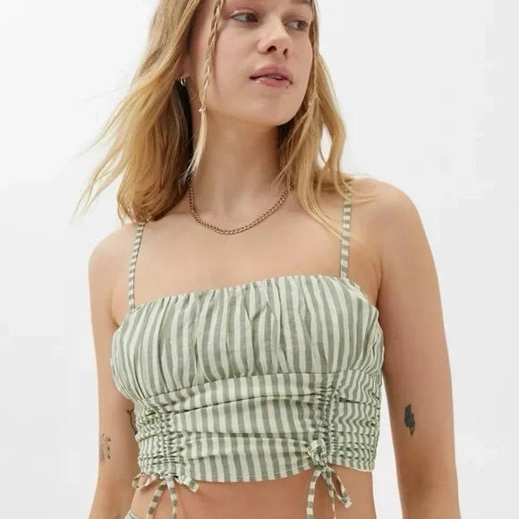 Urban Outfitters Deja Cinched Cami Striped Crop Top Green & White - Picture 1 of 5
